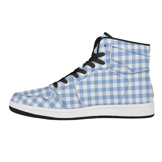 Cornflower Blue And White Gingham Print High Top Leather Sneakers