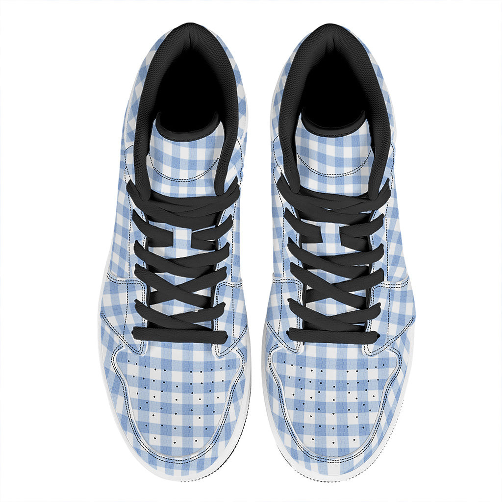 Cornflower Blue And White Gingham Print High Top Leather Sneakers