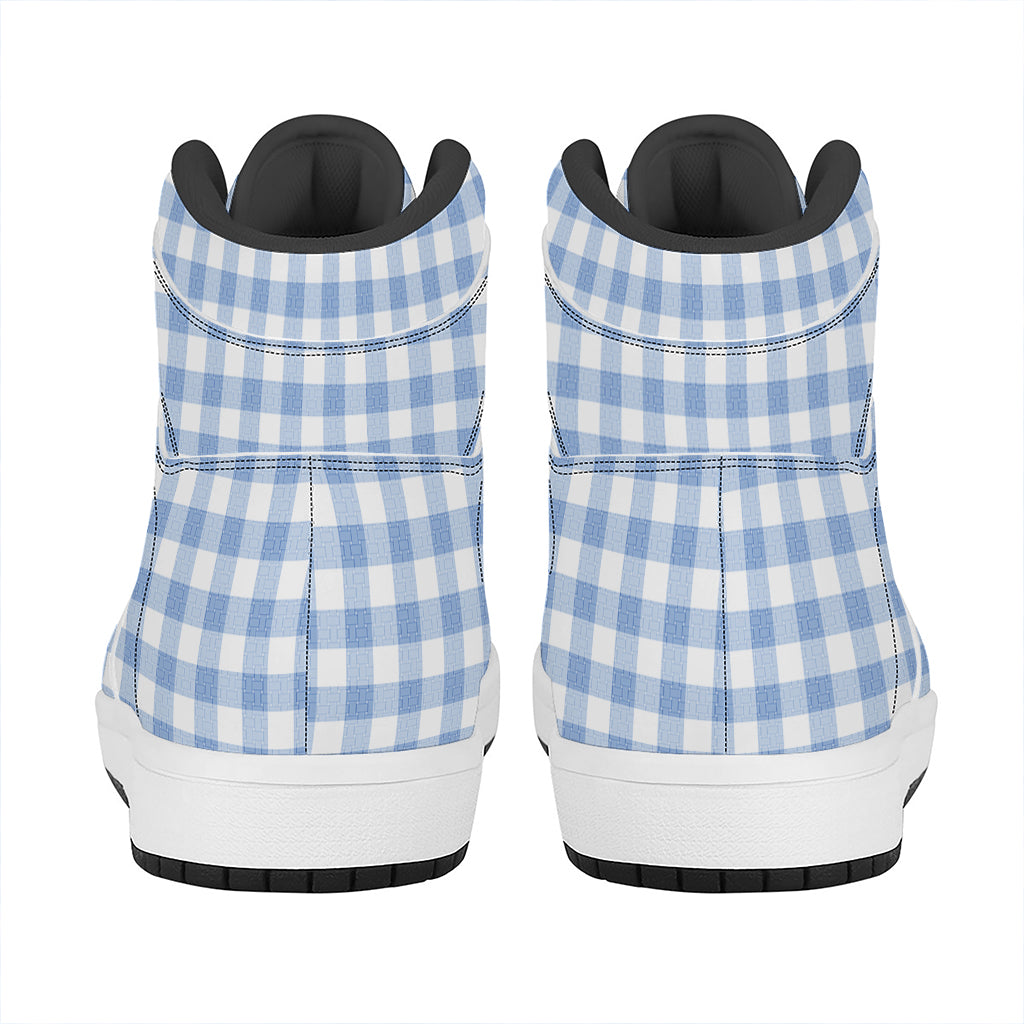 Cornflower Blue And White Gingham Print High Top Leather Sneakers
