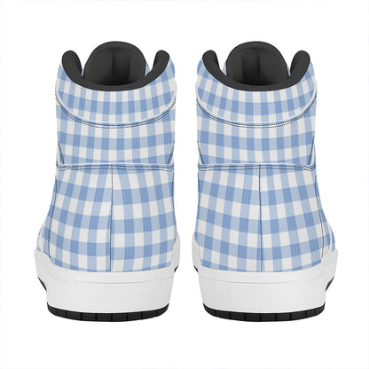 Cornflower Blue And White Gingham Print High Top Leather Sneakers