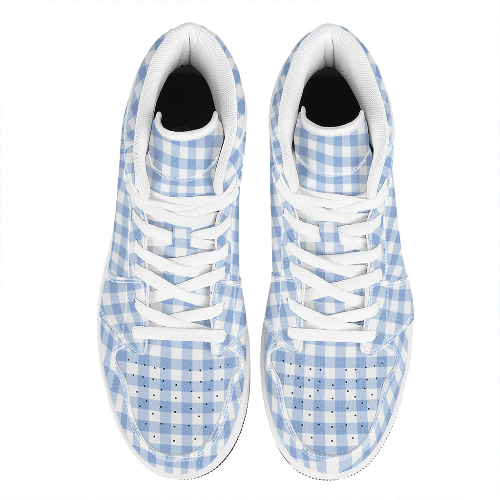 Cornflower Blue And White Gingham Print High Top Leather Sneakers
