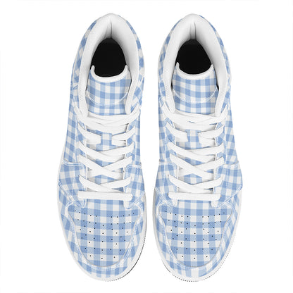 Cornflower Blue And White Gingham Print High Top Leather Sneakers