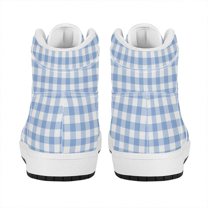 Cornflower Blue And White Gingham Print High Top Leather Sneakers