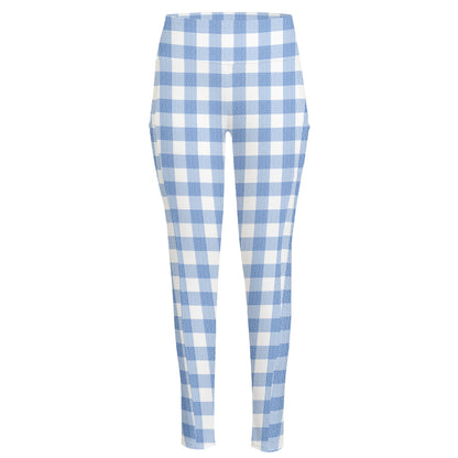 Cornflower Blue And White Gingham Print High-Waisted Pocket Leggings