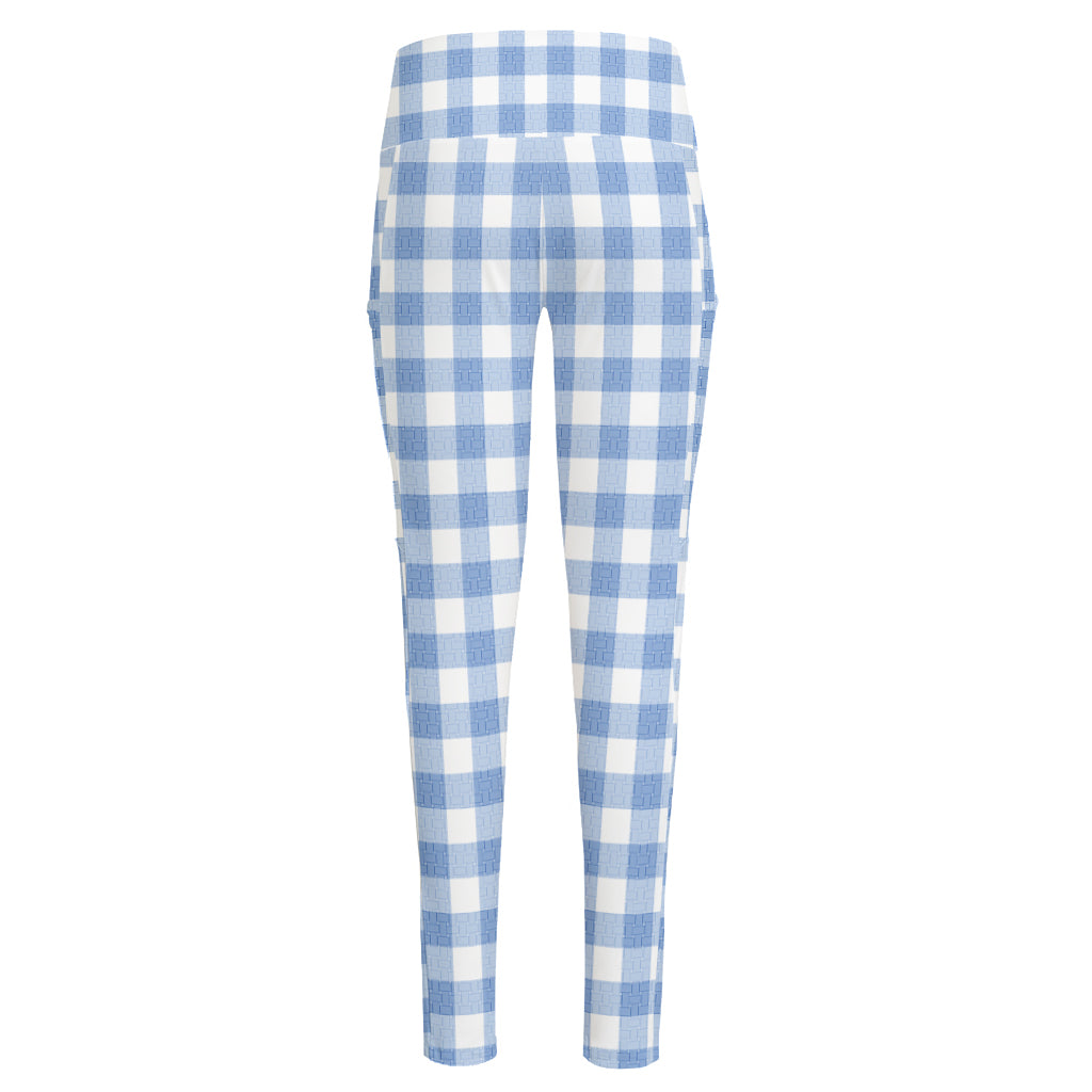 Cornflower Blue And White Gingham Print High-Waisted Pocket Leggings