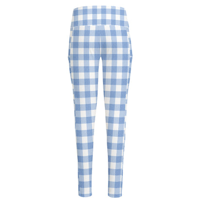 Cornflower Blue And White Gingham Print High-Waisted Pocket Leggings