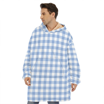 Cornflower Blue And White Gingham Print Hoodie Blanket