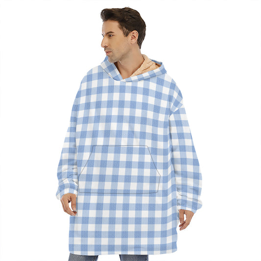 Cornflower Blue And White Gingham Print Hoodie Blanket