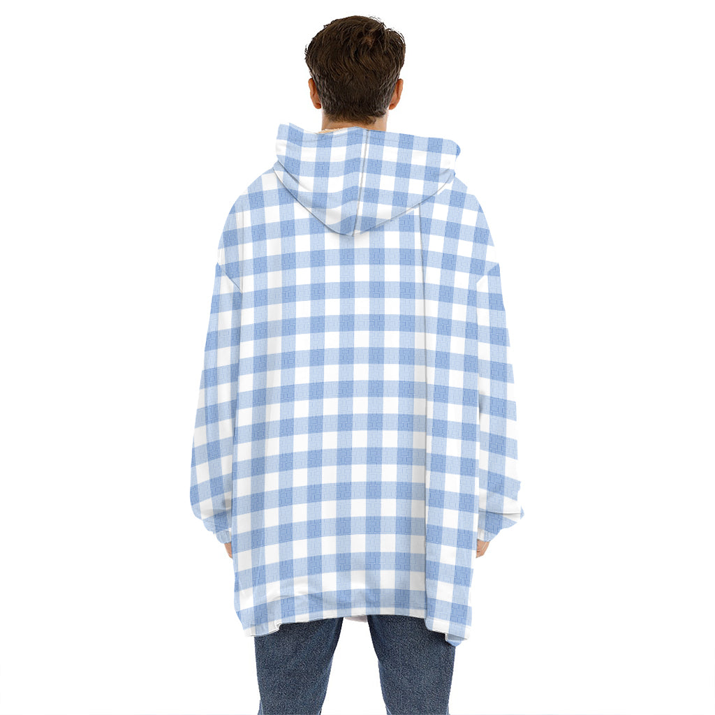 Cornflower Blue And White Gingham Print Hoodie Blanket