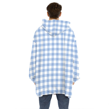 Cornflower Blue And White Gingham Print Hoodie Blanket