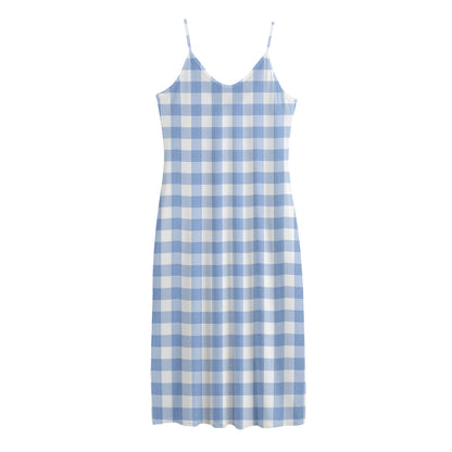 Cornflower Blue And White Gingham Print Jersey Midi Cami Dress