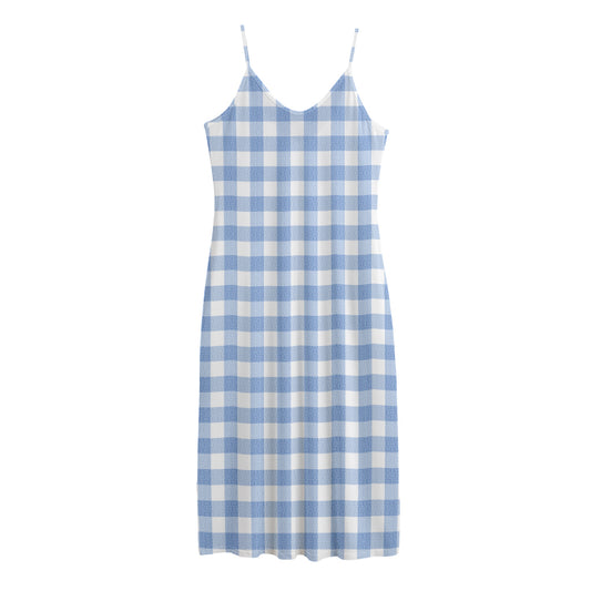 Cornflower Blue And White Gingham Print Jersey Midi Cami Dress