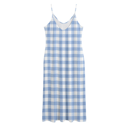 Cornflower Blue And White Gingham Print Jersey Midi Cami Dress