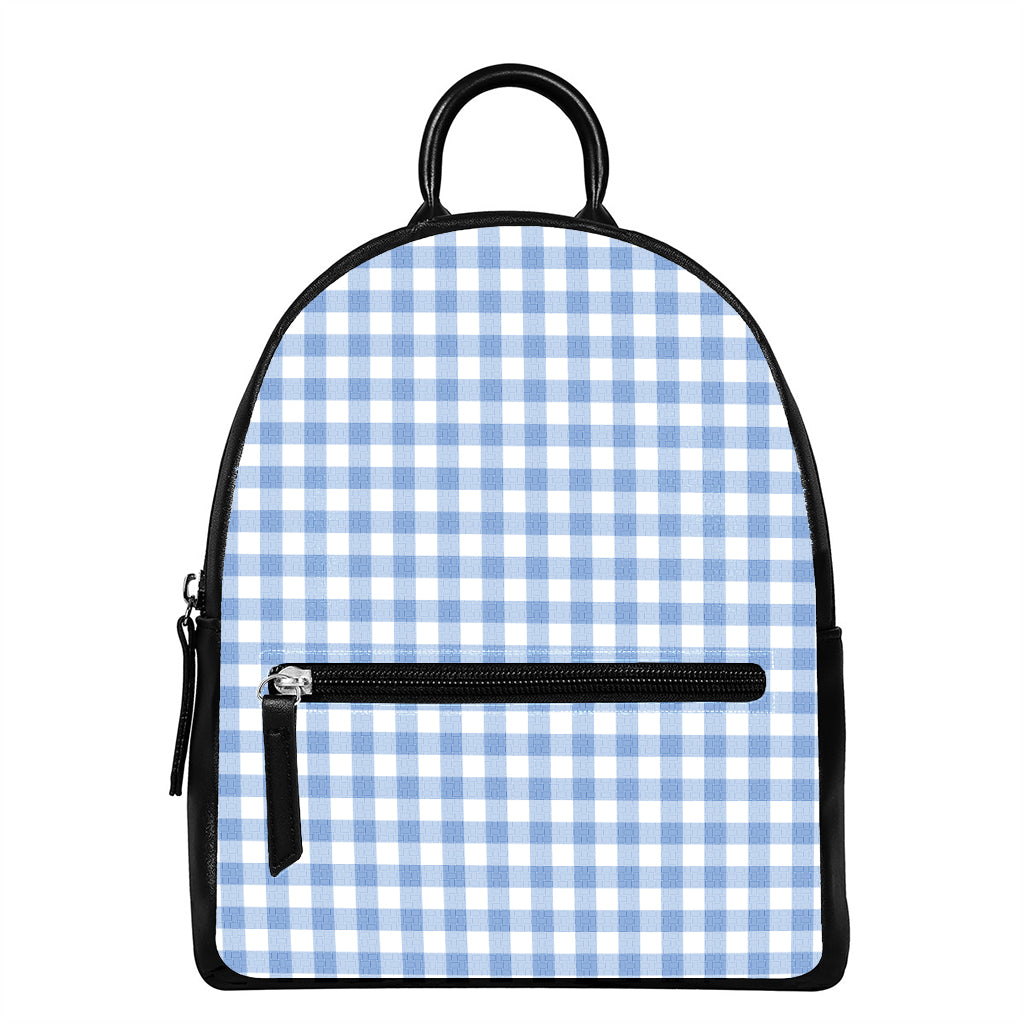 Cornflower Blue And White Gingham Print Leather Backpack
