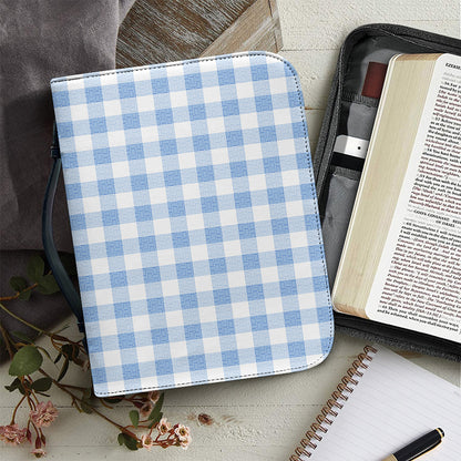 Cornflower Blue And White Gingham Print Leather Bible Cover