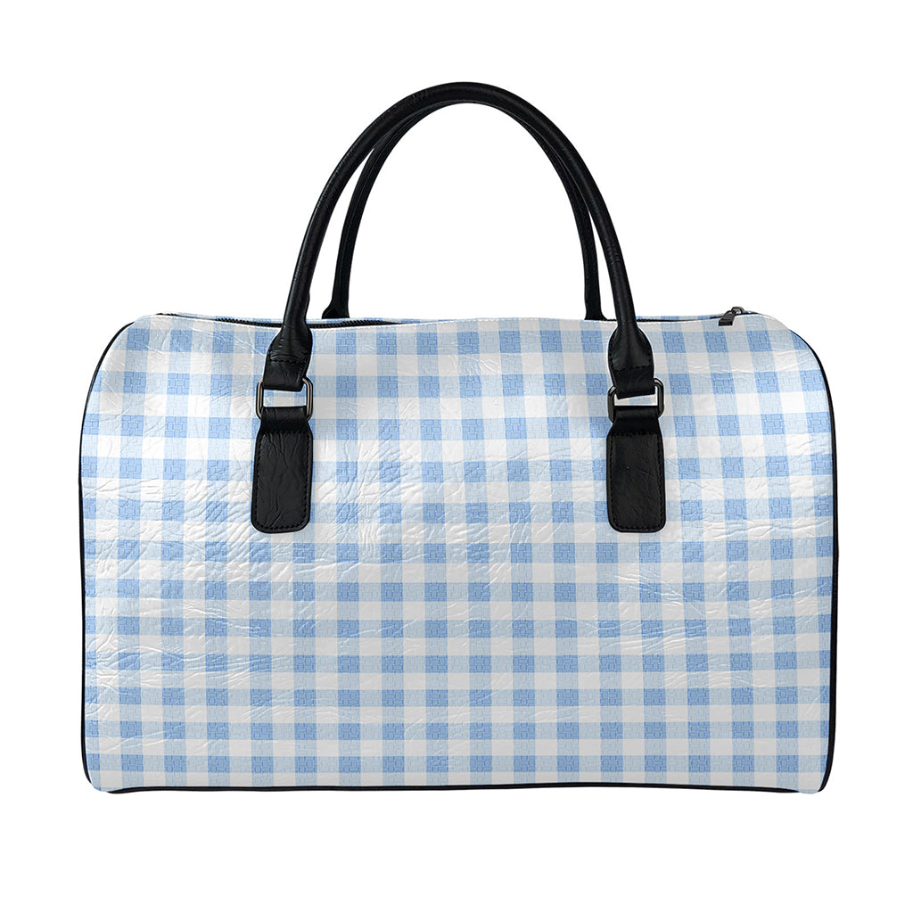 Cornflower Blue And White Gingham Print Leather Duffle Bag