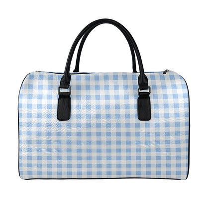 Cornflower Blue And White Gingham Print Leather Duffle Bag