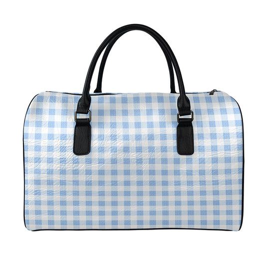 Cornflower Blue And White Gingham Print Leather Duffle Bag