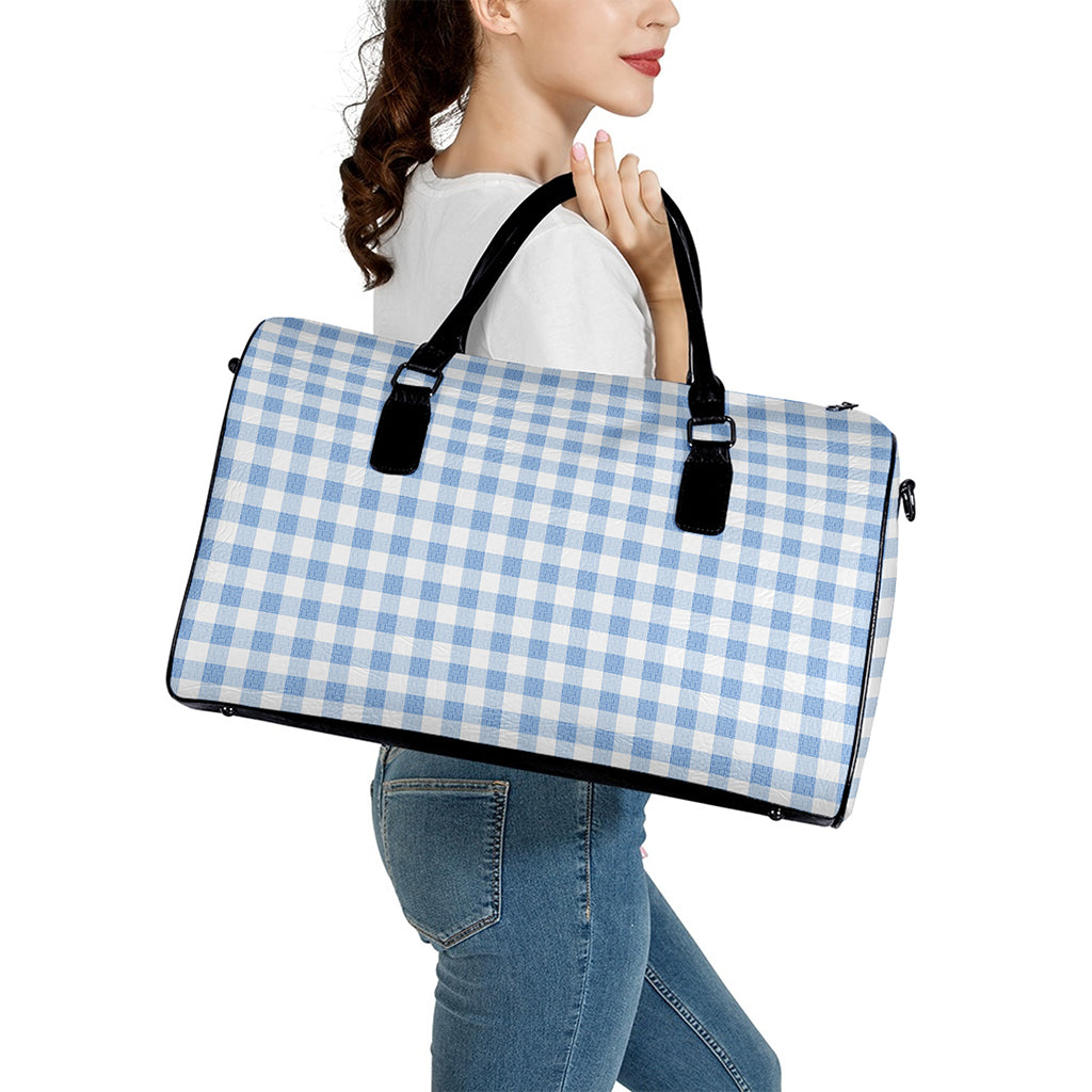 Cornflower Blue And White Gingham Print Leather Duffle Bag