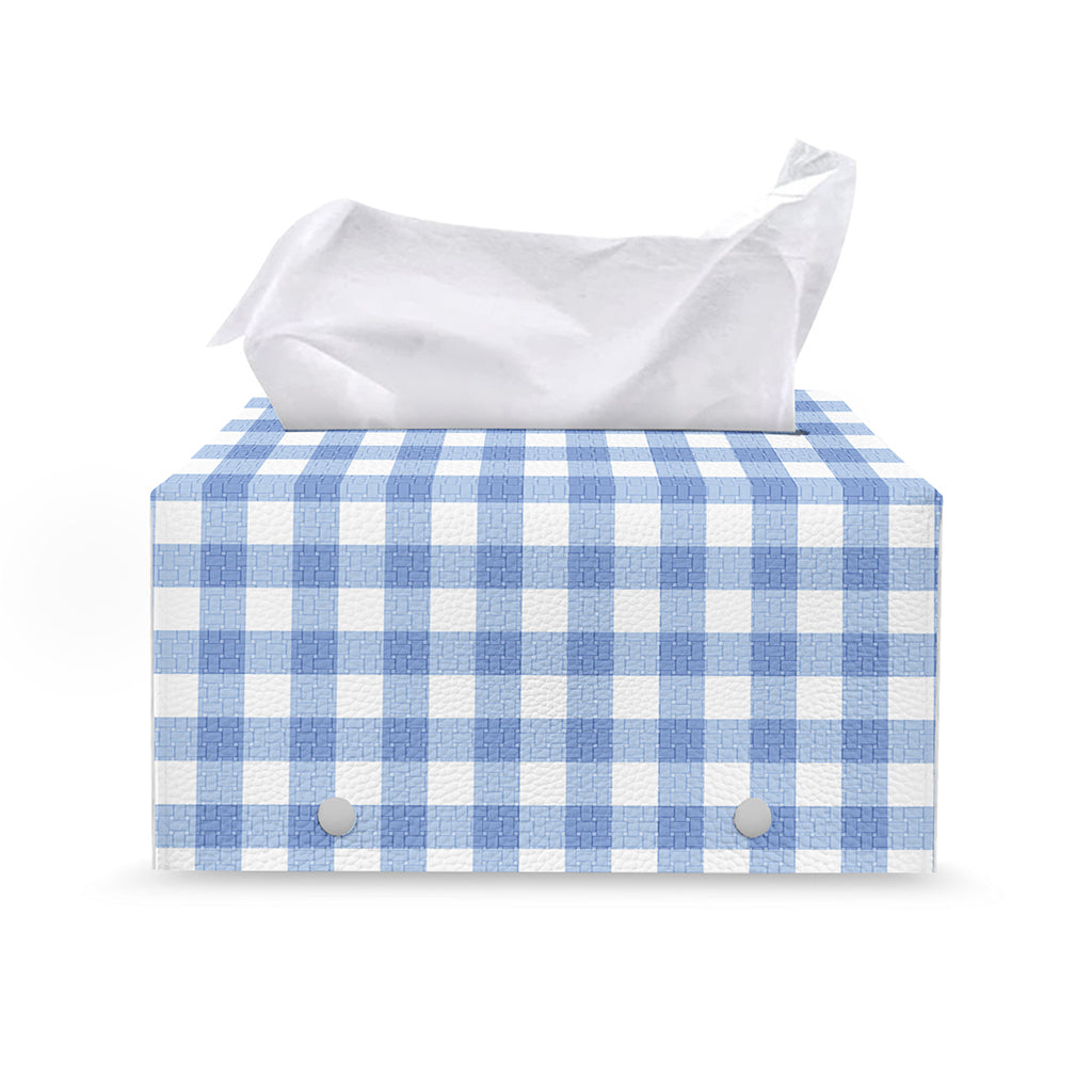 Cornflower Blue And White Gingham Print Leather Tissue Box Cover