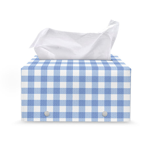 Cornflower Blue And White Gingham Print Leather Tissue Box Cover