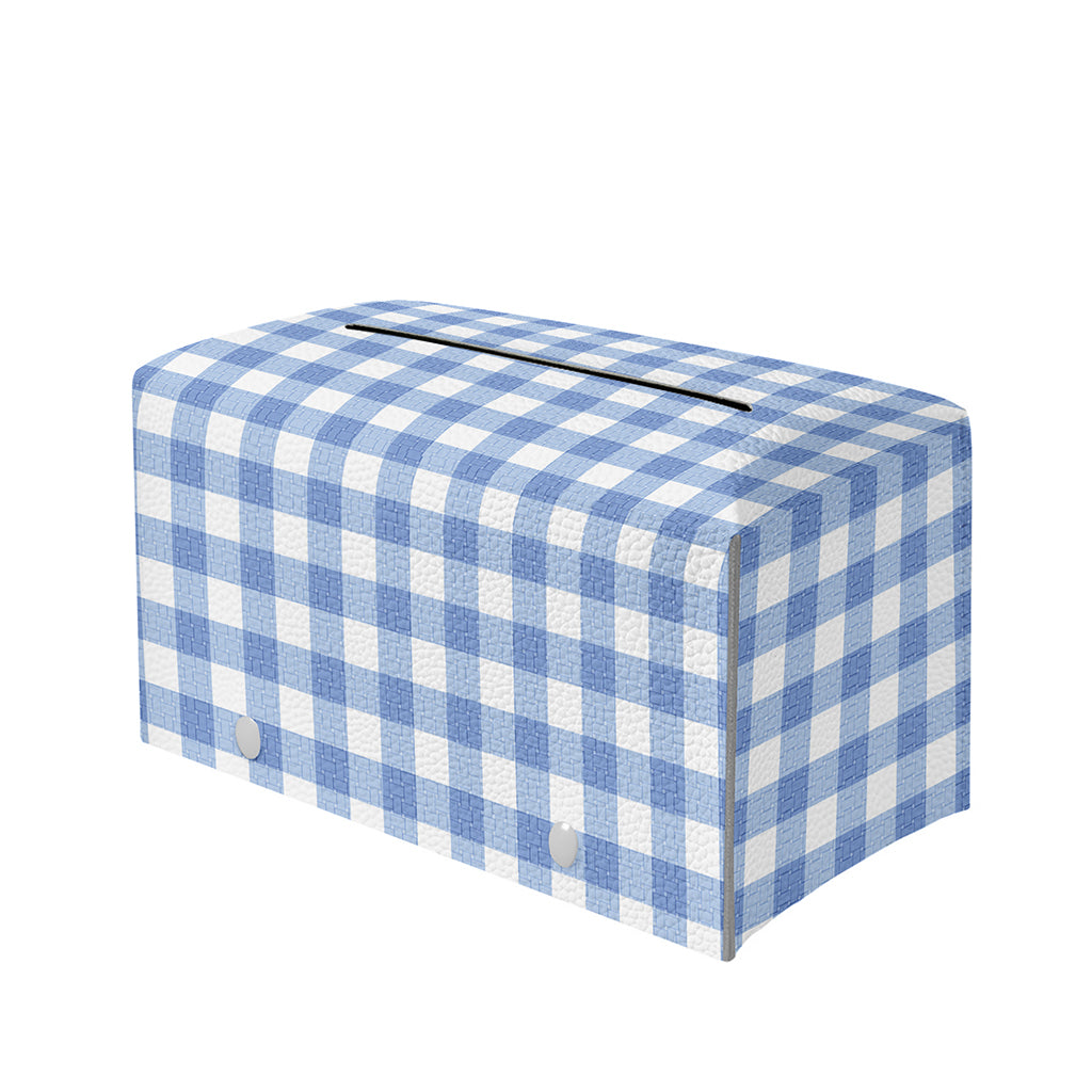 Cornflower Blue And White Gingham Print Leather Tissue Box Cover