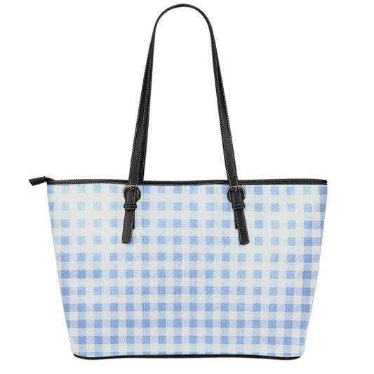 Cornflower Blue And White Gingham Print Leather Tote Bag