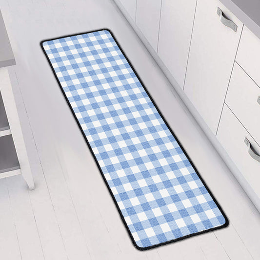 Cornflower Blue And White Gingham Print Long Kitchen Mat