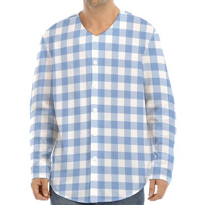 Cornflower Blue And White Gingham Print Long Sleeve Baseball Jersey