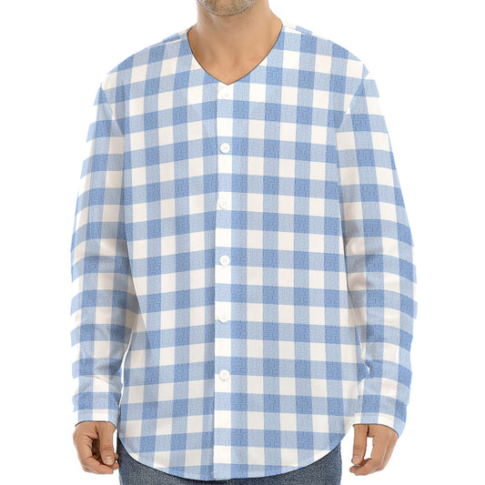 Cornflower Blue And White Gingham Print Long Sleeve Baseball Jersey