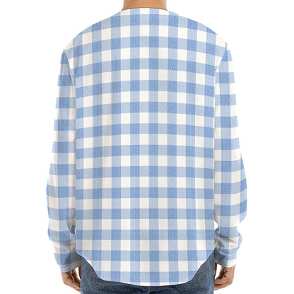 Cornflower Blue And White Gingham Print Long Sleeve Baseball Jersey