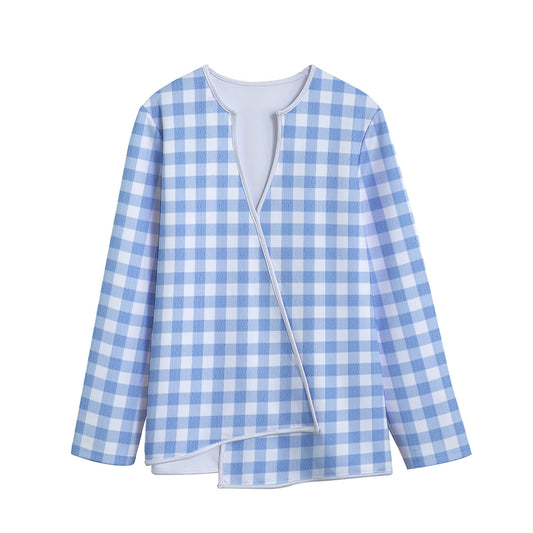 Cornflower Blue And White Gingham Print Long Sleeve Short Coat