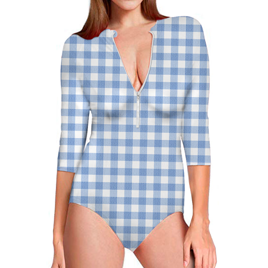 Cornflower Blue And White Gingham Print Long Sleeve Swimsuit
