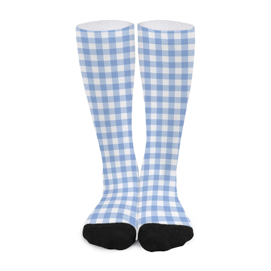 Cornflower Blue And White Gingham Print Long Socks