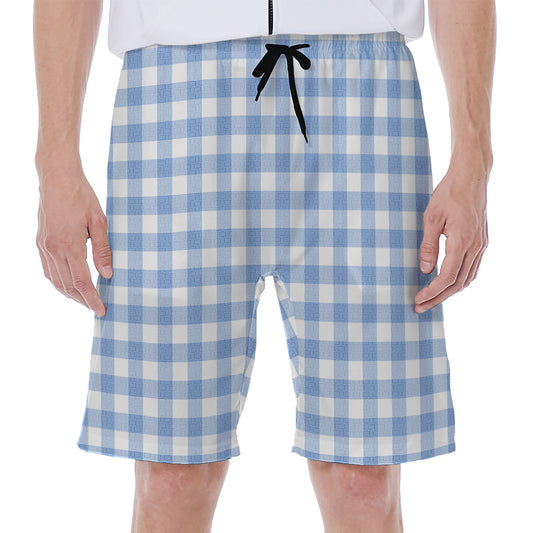 Cornflower Blue And White Gingham Print Men's Beach Shorts