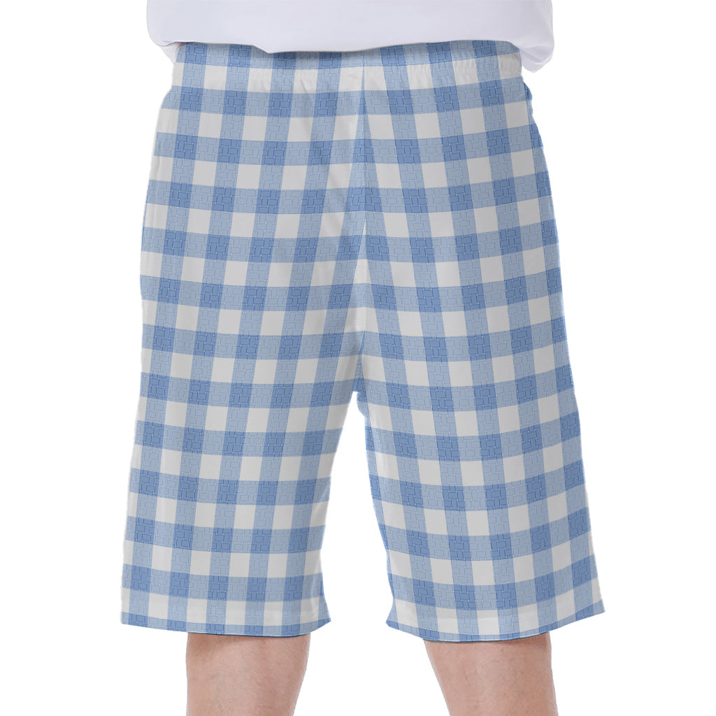Cornflower Blue And White Gingham Print Men's Beach Shorts