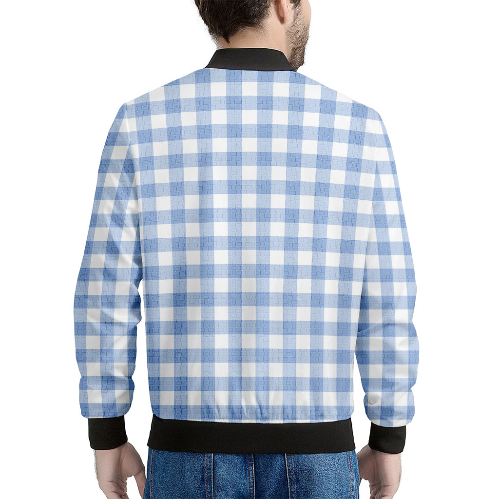 Cornflower Blue And White Gingham Print Men's Bomber Jacket
