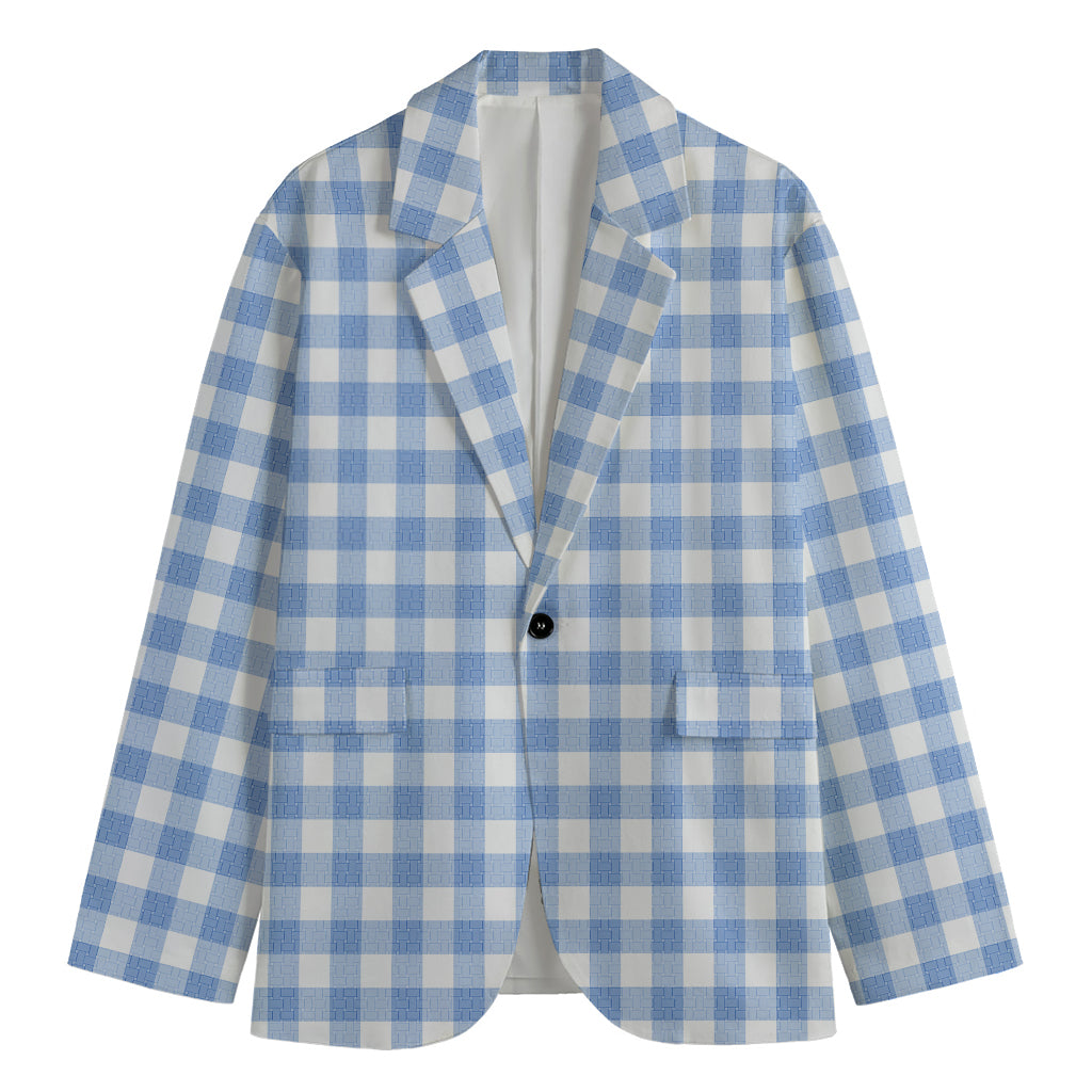 Cornflower Blue And White Gingham Print Men's Cotton Blazer