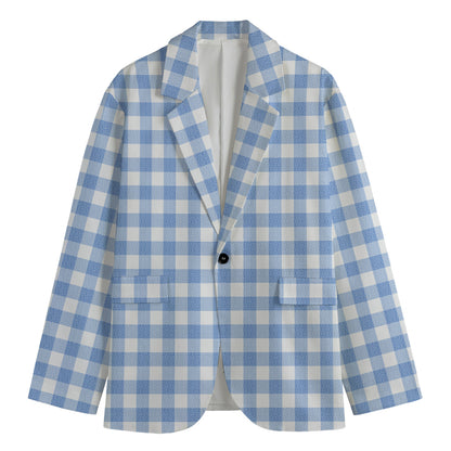 Cornflower Blue And White Gingham Print Men's Cotton Blazer