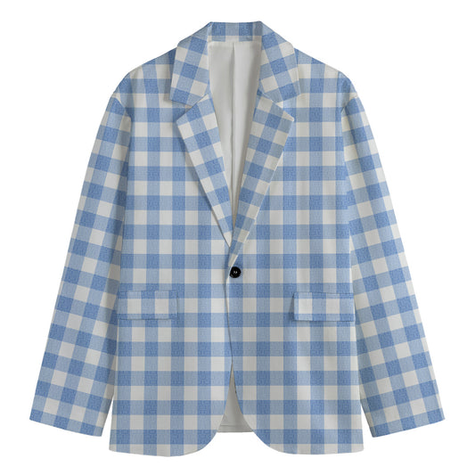 Cornflower Blue And White Gingham Print Men's Cotton Blazer