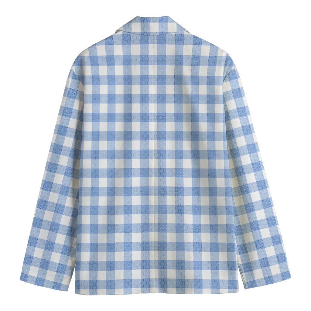 Cornflower Blue And White Gingham Print Men's Cotton Blazer