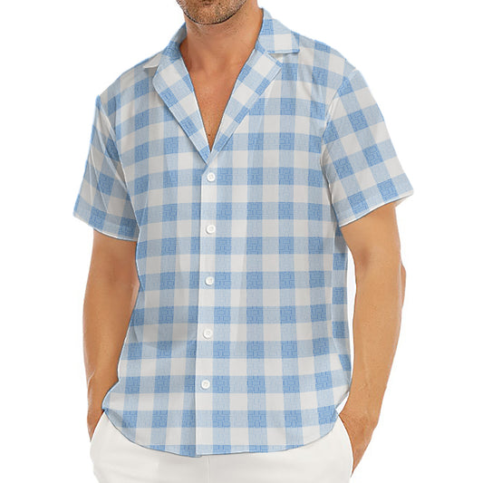 Cornflower Blue And White Gingham Print Men's Deep V-Neck Shirt