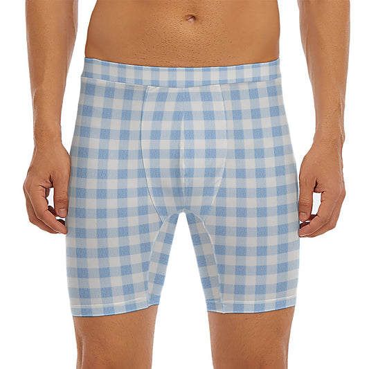 Cornflower Blue And White Gingham Print Men's Long Boxer Briefs