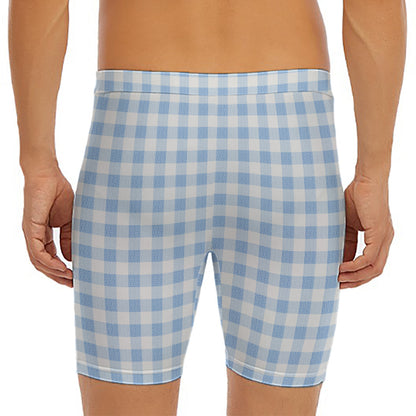 Cornflower Blue And White Gingham Print Men's Long Boxer Briefs