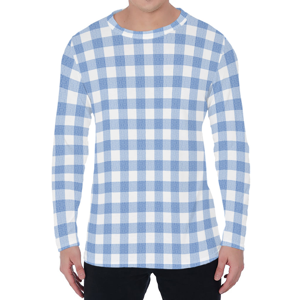 Cornflower Blue And White Gingham Print Men's Long Sleeve T-Shirt