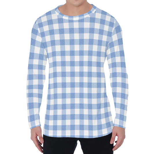Cornflower Blue And White Gingham Print Men's Long Sleeve T-Shirt