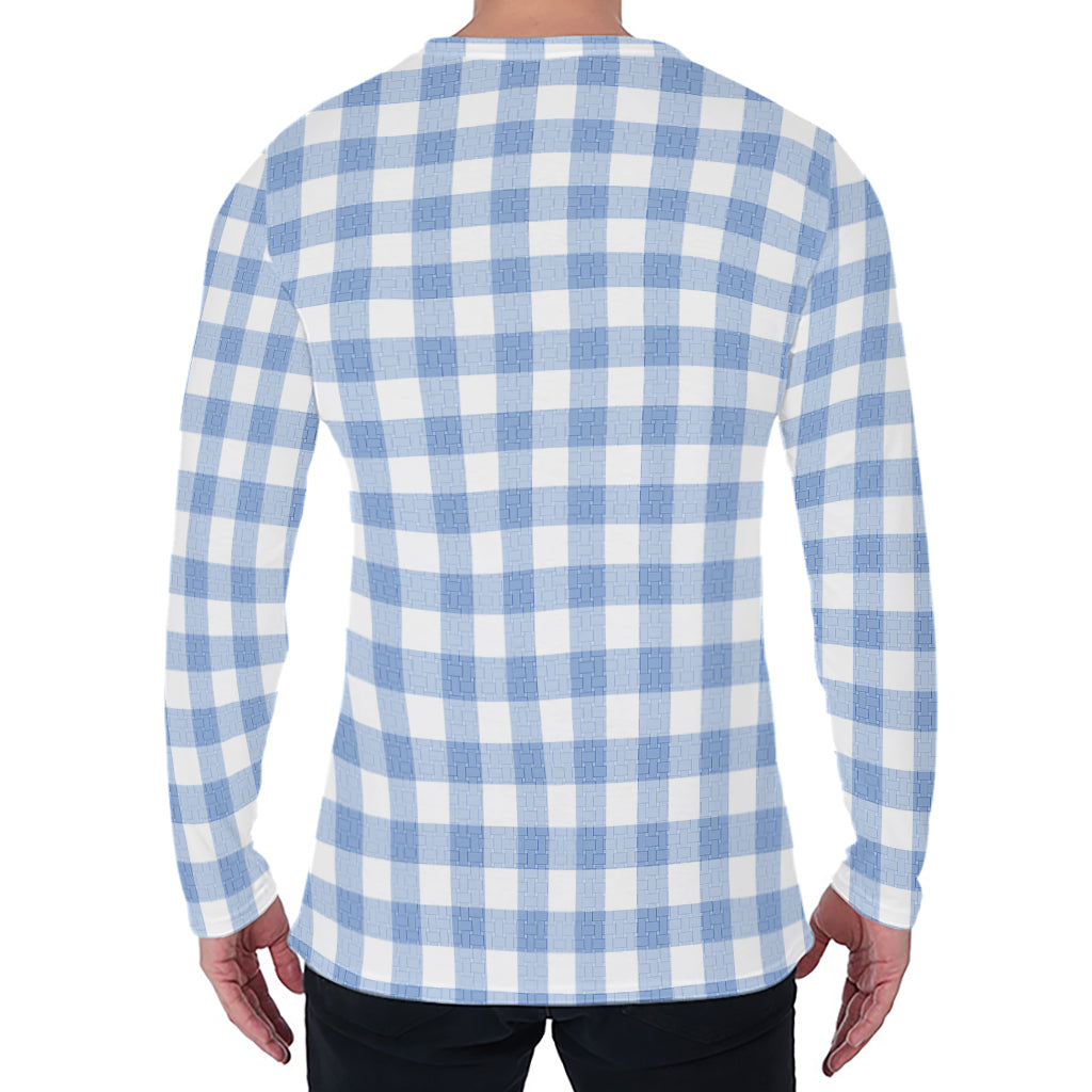Cornflower Blue And White Gingham Print Men's Long Sleeve T-Shirt
