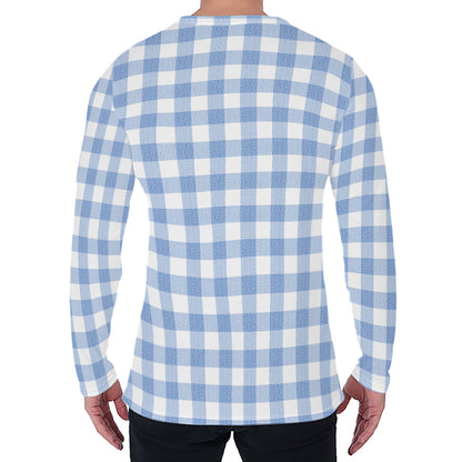 Cornflower Blue And White Gingham Print Men's Long Sleeve T-Shirt