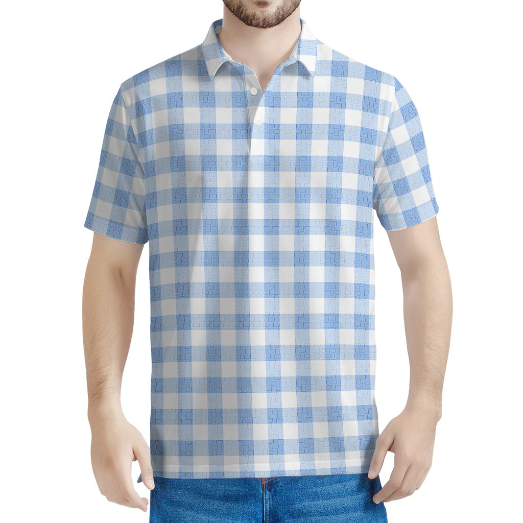 Cornflower Blue And White Gingham Print Men's Polo Shirt