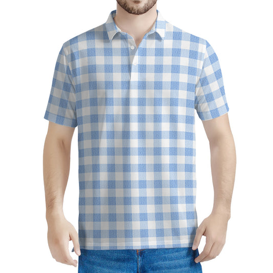 Cornflower Blue And White Gingham Print Men's Polo Shirt
